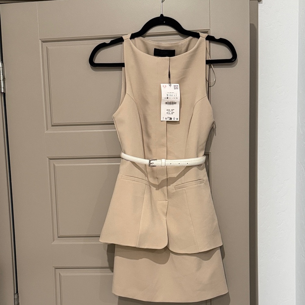 Zara Elegant Beige Sleeveless Dress with Belt
